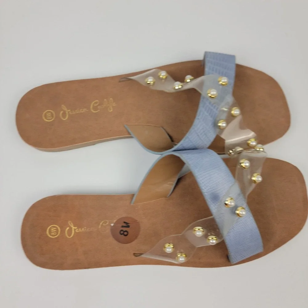 Jessica Carlyle Womens 8W Blue Faux Croc Pearl Clear Strap Slide Sandals